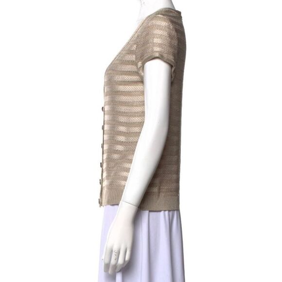 ST JOHN Plunging Neckline Knit Short Sleeve Sweater Button Front Beige Large - Picture 4 of 16